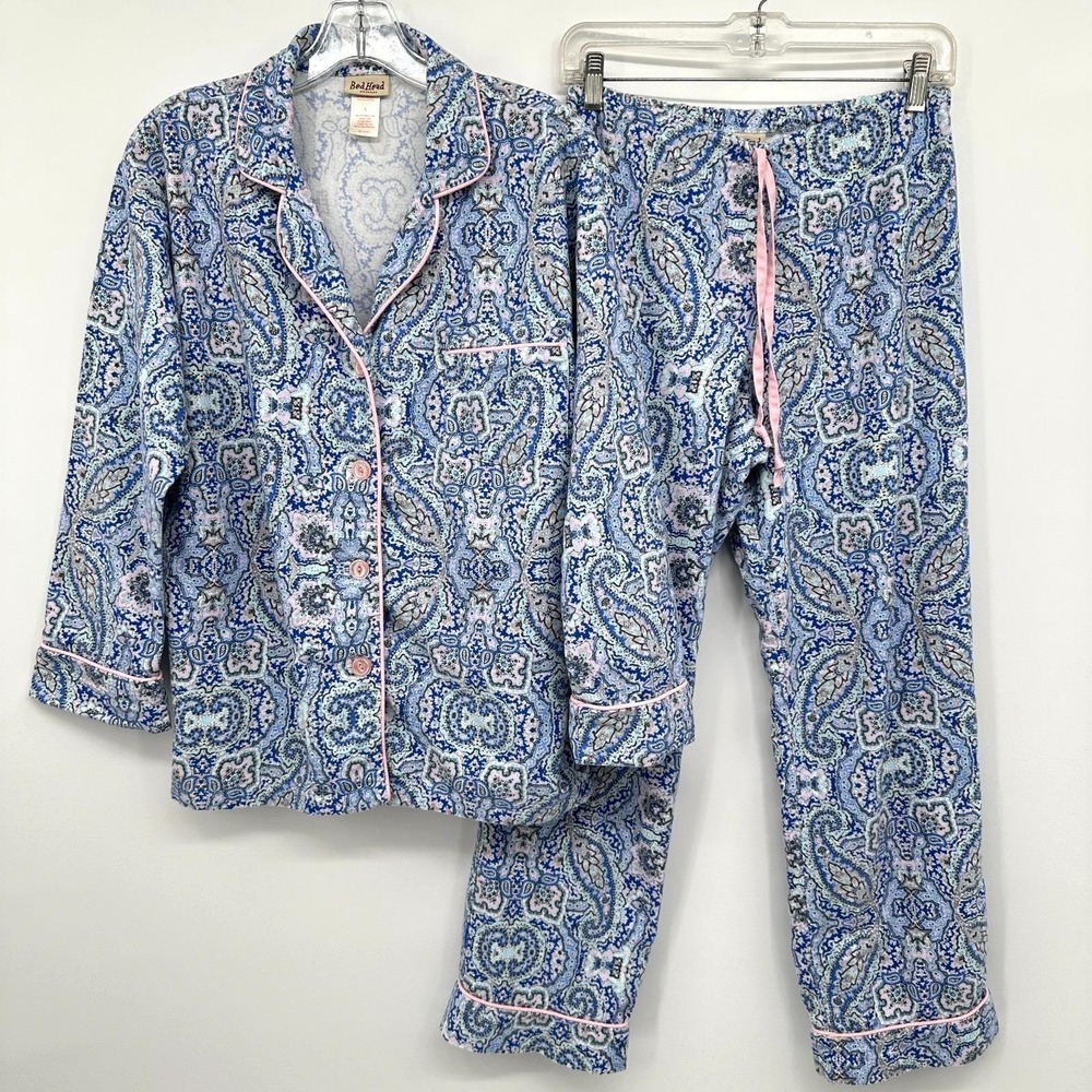 Vintage Bed Head Pajamas Small Flannel Set Blue Floral Quiet Luxury Coastal USA